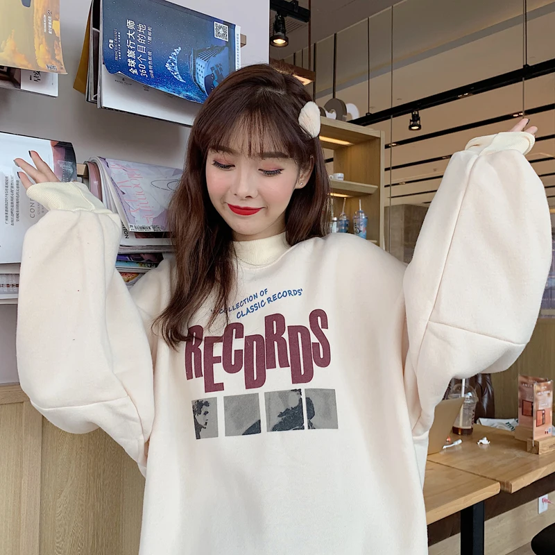 

Hoodies Women Plus Velvet Warm O-Neck Letter Printed Loose Simple Casual Womens Pullover Sweatshirt Fashion Daily Girls Chic New