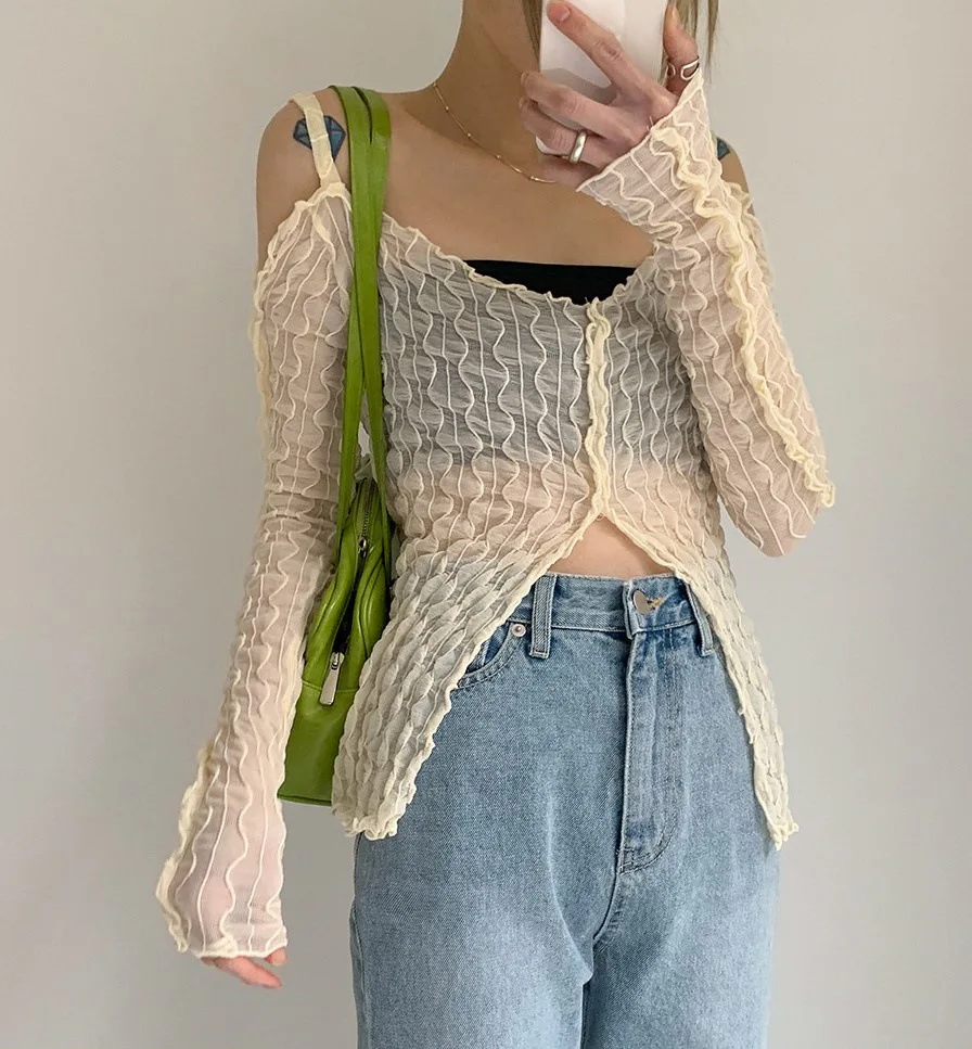 

Трикотажные прозрачные сетчатые футболки, женские элегантные сексуальные облегающие топы с V-образным вырезом и открытыми плечами, Осенние...