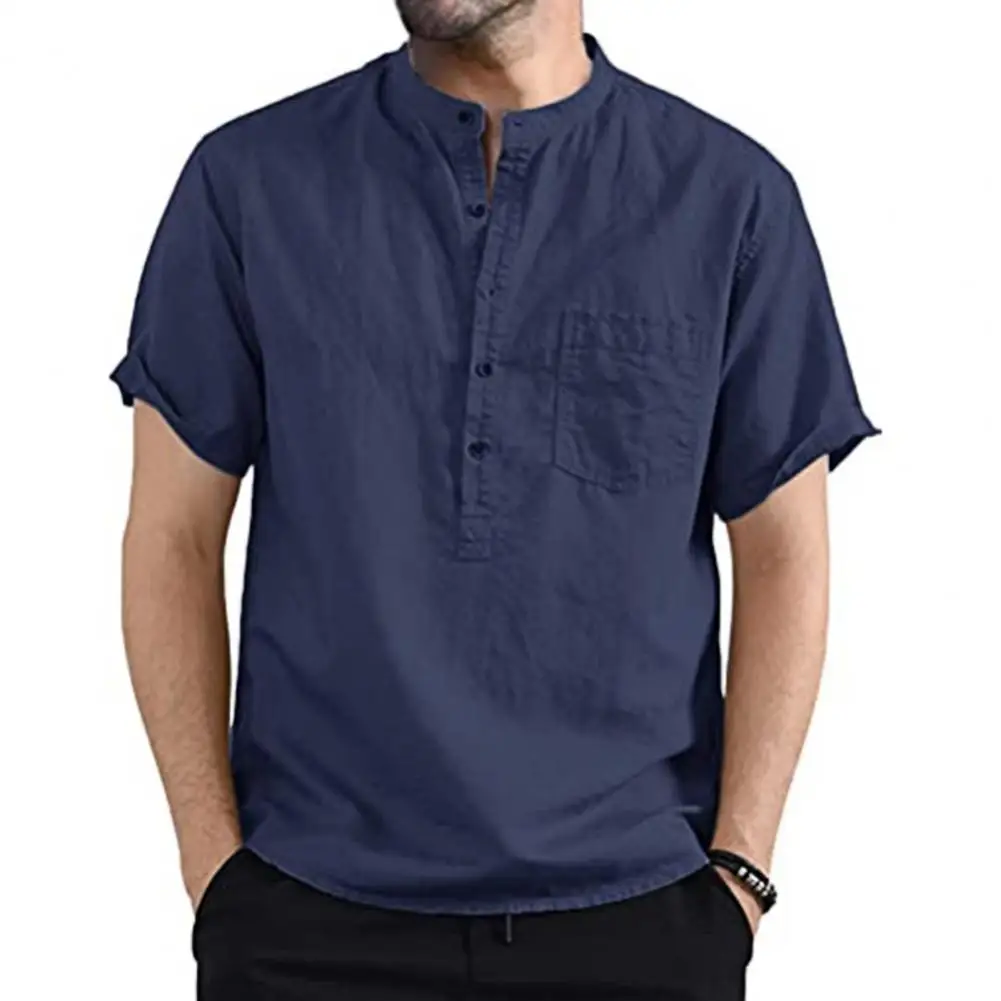

Men Shirt Stand Collar Short Sleeve Cloth Solid Color Shirt Tops for Summer