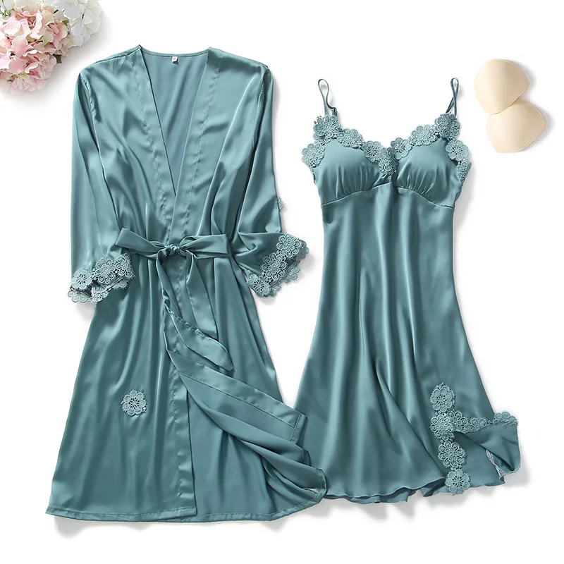 

Women Summer Sexy Lingerie Night Casual Homewear 2PCS Set Femme Pyjamas Satin Sleep Lounge Robe Intimate Nightgown