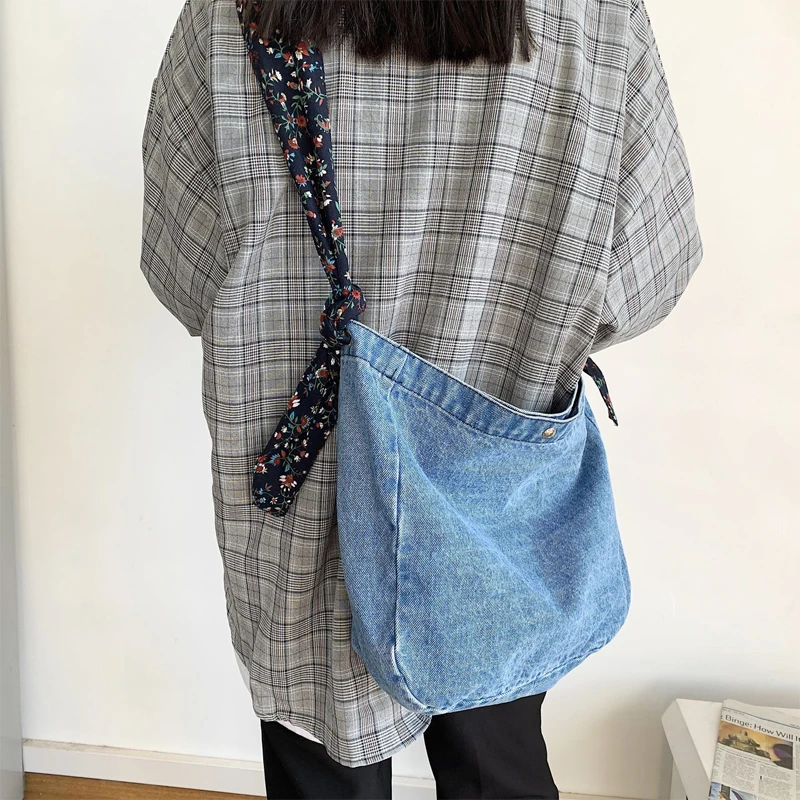 

Jeans Bag Broken Flower Strap Casual Handbag For Women Girl Designer Denim Tote Bag Simple Shoulder Bags Soild Crossbody Bag