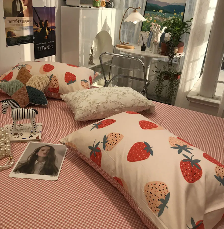 

Cute sweet red strawberry bedding set girl,lovely cartoon cotton twin full queen home textile bed sheet pillow case duvet cover