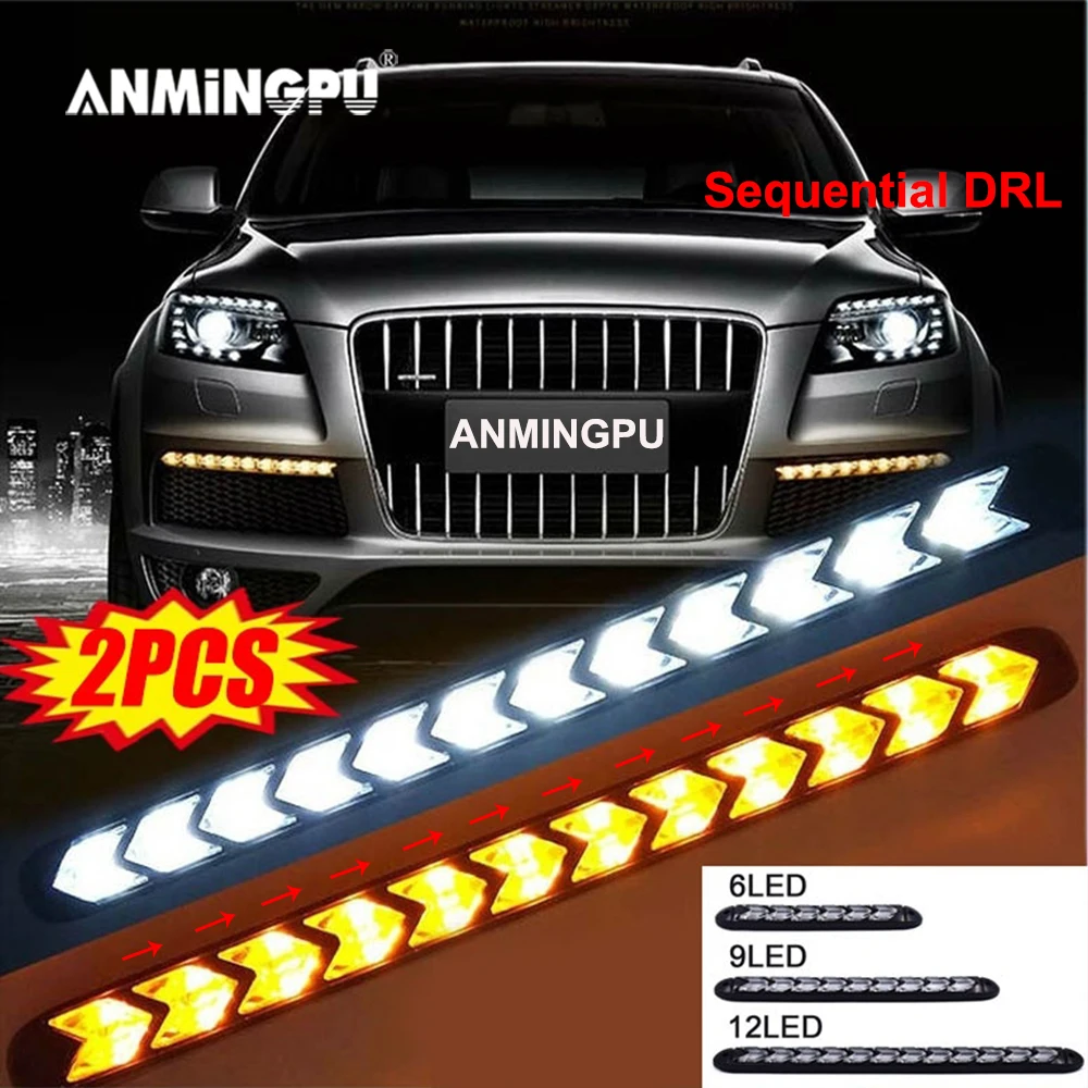 ANMINGPU 1 пара универсальных автомобильных светодиодных дневных ходовых огней DRL с последовательным потоком, желтыми сигнальными лампами для фар.
