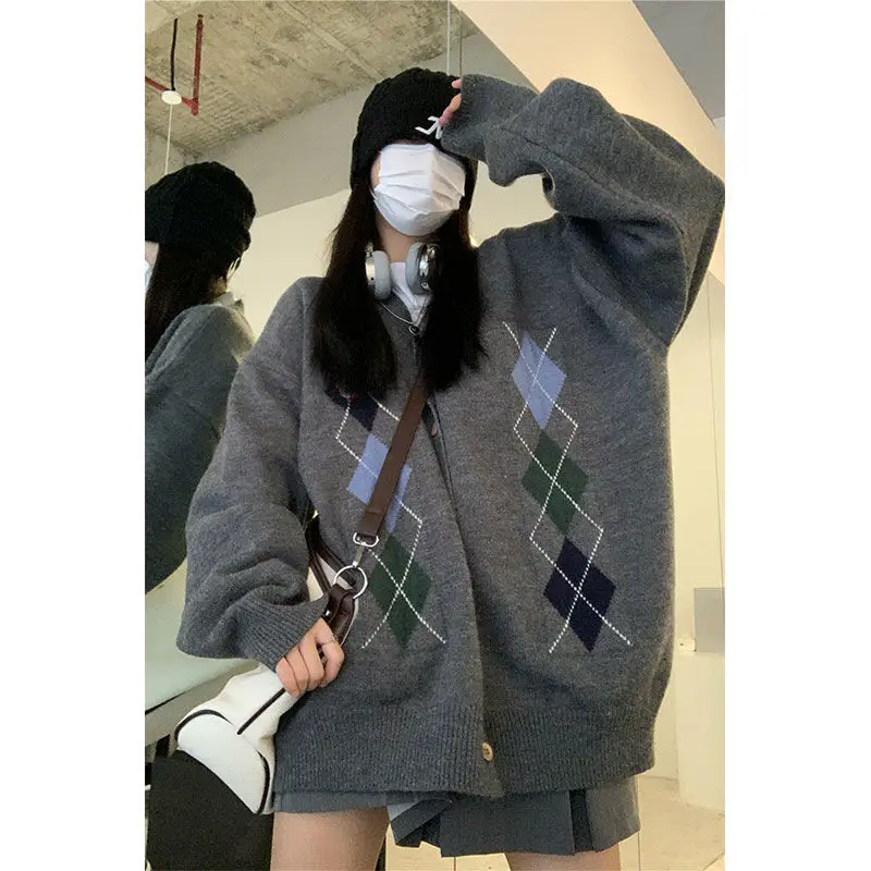 

Deeptown Preppy Style Sweet Girl Knitted Cardigan Sweater Women Argyle Kawaii Oversize V-neck Single Breasted Jumper Fall 2021