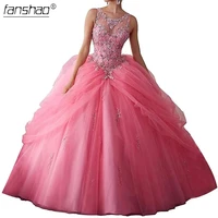 fanshao dark pink quinceanera dresses scoop neck sleeveless beading sequin crystal appliques tiered tulle 15 girls party gowns