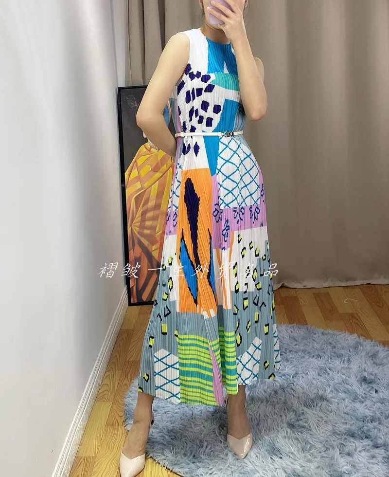 

HOT SELLING Miyake Fold print O-neck sleeveless A-Line dress IN STOCK