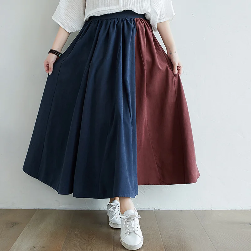 2021 Autumn Women Long Skirt Loose Pocket Vintage High Waist Female A-Line Skirts Womens Elastic Quality Cotton Maxi | Женская одежда