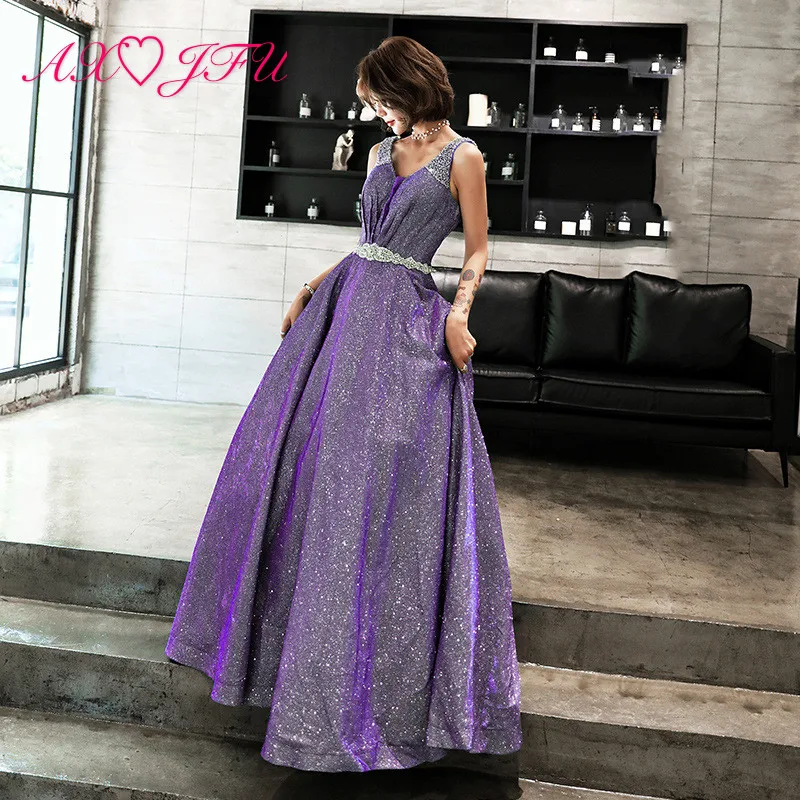 

AXJFU luxury princess blue satin sparkly evening dress vintage v neck sleeveless lace up beading crystal black evening dress