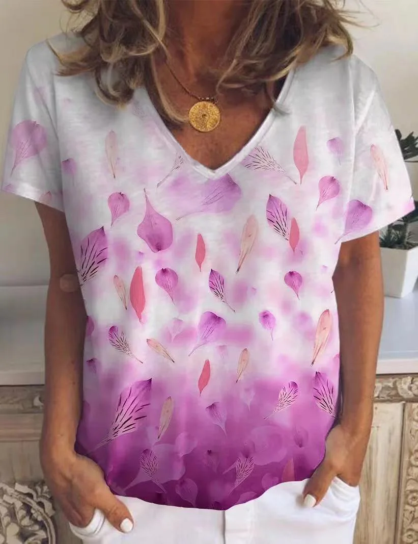 

Green Leaf Floral Print 90s Tshirt Sexy V-neck Short Sleeve Loose Casual Women Tees Summer Cotton Tshirt Femme Oversize 5XL Blue