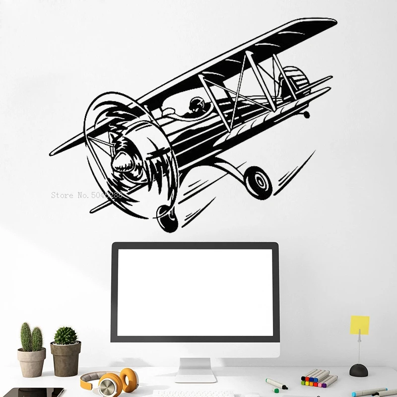 Биплан Ретро Самолёт Виниловые настенные наклейки Декор дома подростков мальчиков Уникальный подарок Съёмные наклейки Y109.