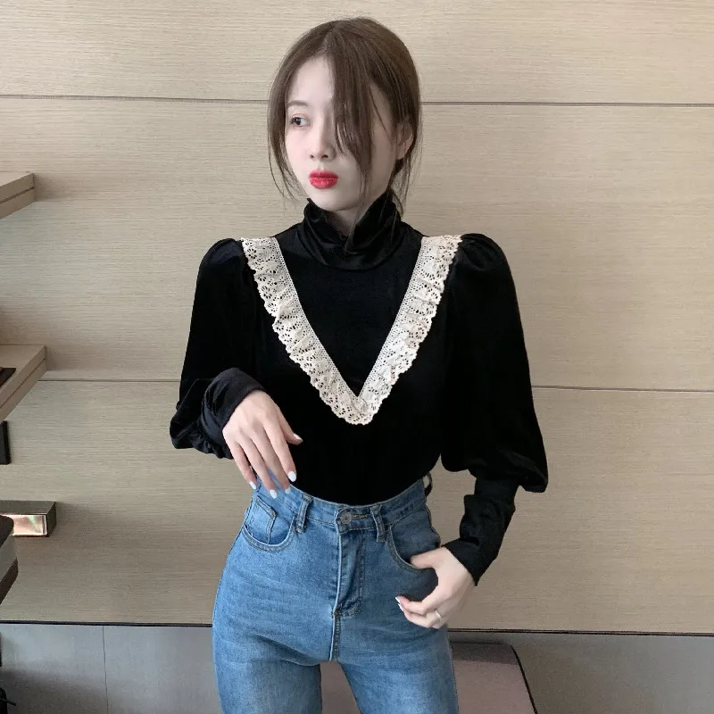 

COIGARSAM Vintage Lace korean blouse women Patchwork blusas womens tops and blouses Black 255