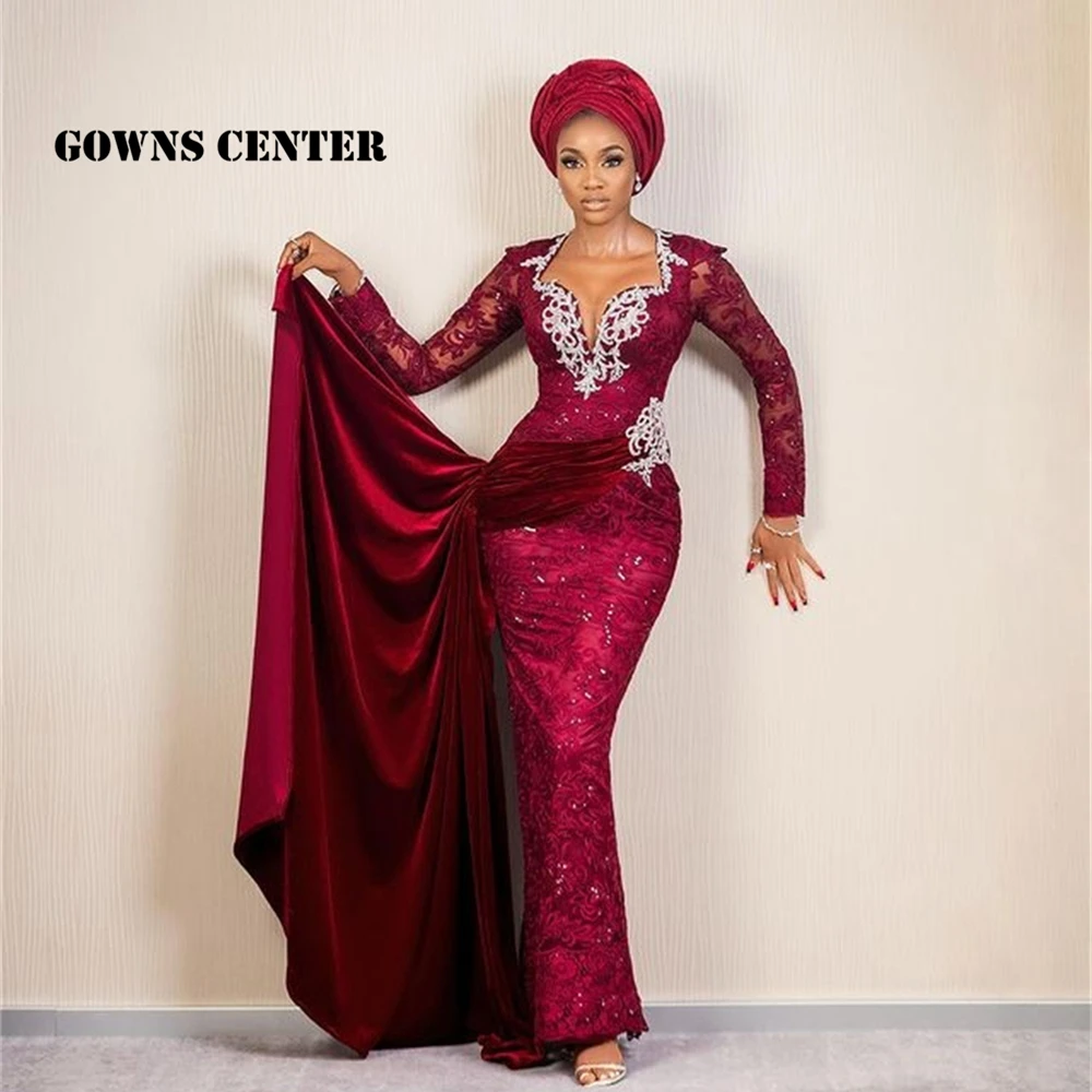 

Elegant Burgundy Long Sleeve Evening Dresses Mermaid Aso Ebi Lace Styles African Fashion Dress Sparkly Formal Night Gown