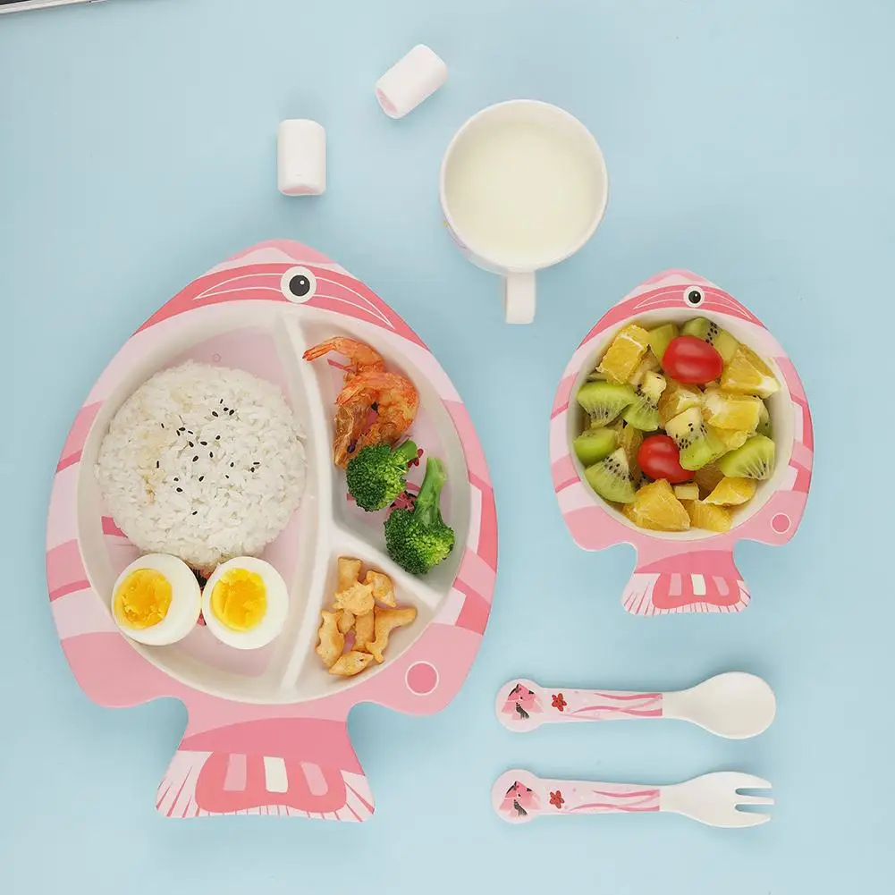 

5pcs Baby Feeding Tableware Set Fashionable Environmental Bamboo Fiber Plate Bowl Fork Spoon Cup Baby Feeding Essential Supplies