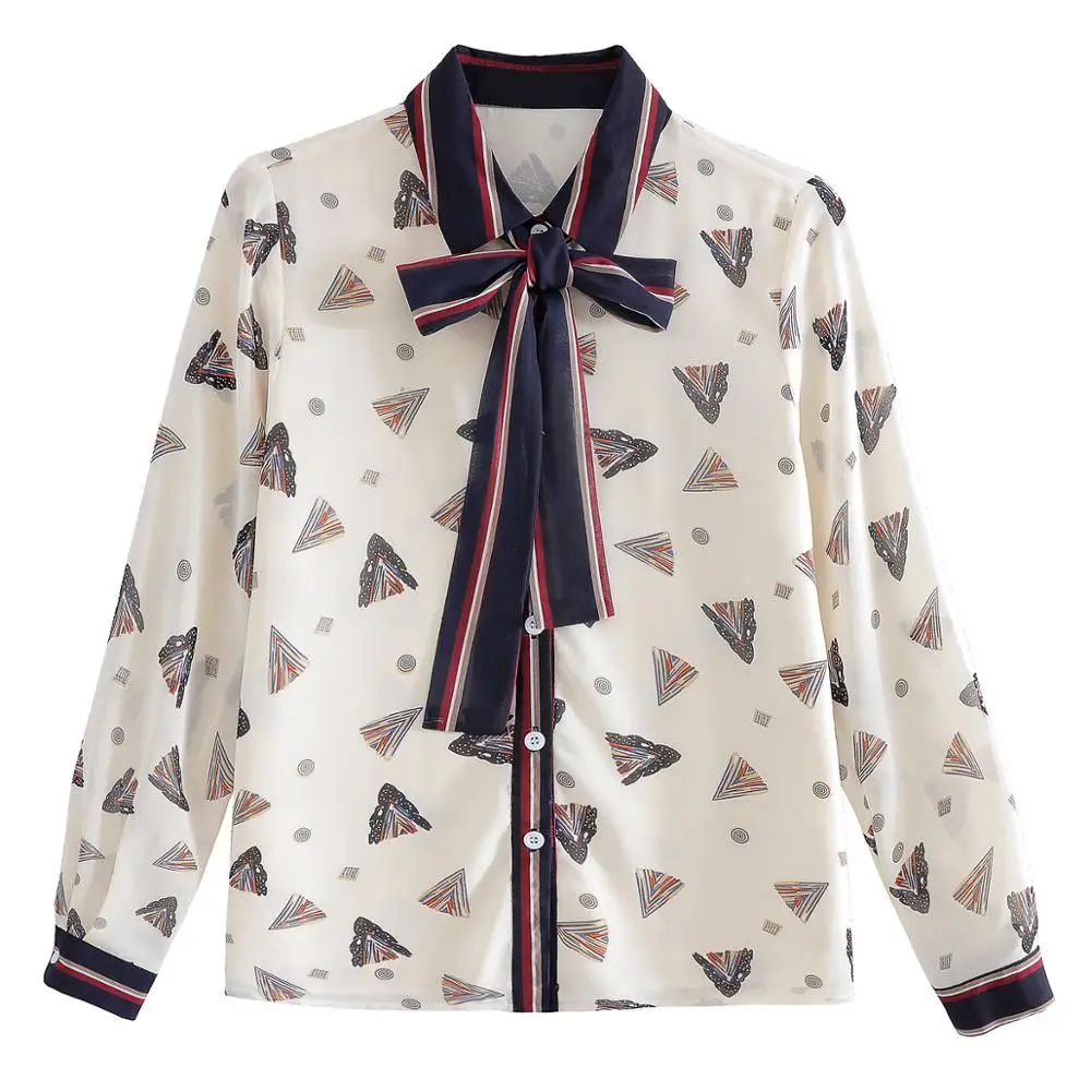 

New 2020 Autumn Women's Bow Long Sleeves Retro Print OL Shirts Office Ladies Shirt Blouse Tops A4084