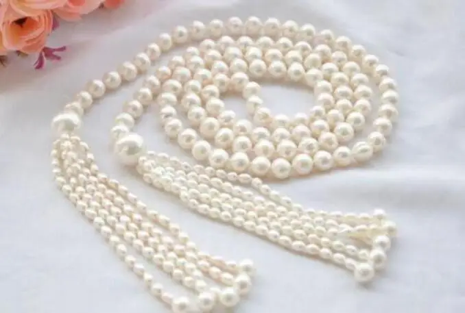

charming 7-8 mm + 11mm white south pearl necklace 59inch Long