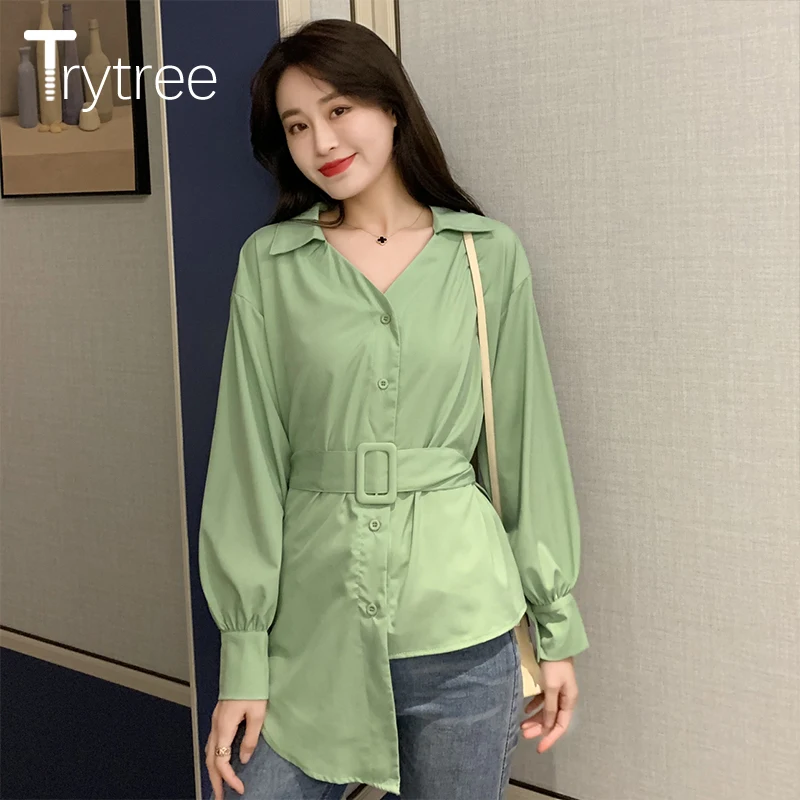 Trytree 2020 Осенняя Женская Повседневная Блузка с отложным воротником однобортный