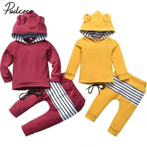 Весенняя детская одежда, повседневная спортивная толстовка с капюшоном и мультяшными ушками для мальчиков и девочек, штаны, наряд для младенцев, детский спортивный костюм