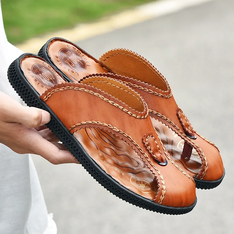 Новинка Летние Стильные мужские вьетнамки из натуральной кожи с закрытым носком