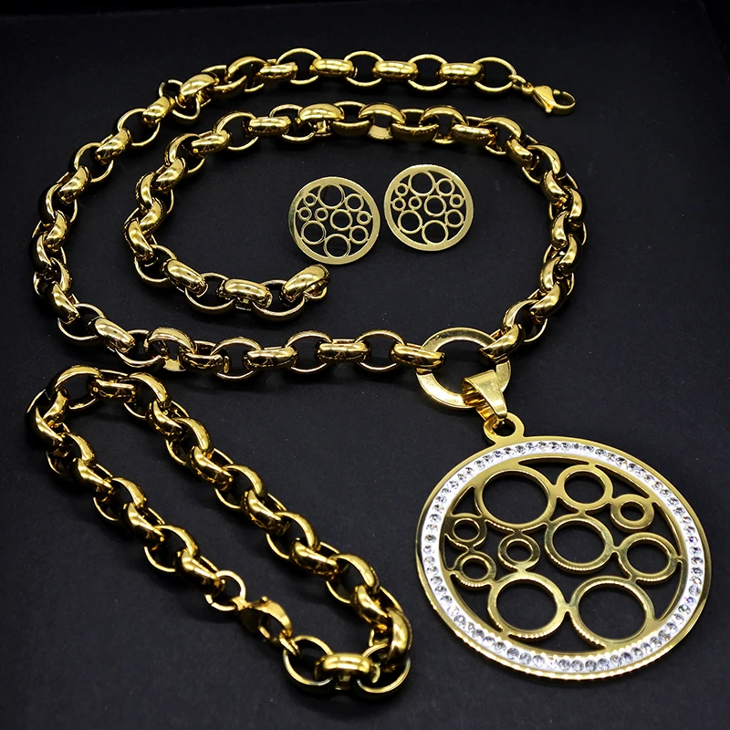 AMUMIU Колье Браслеты Серьги наборы кристаллов круглые полые из нержавеющей стали