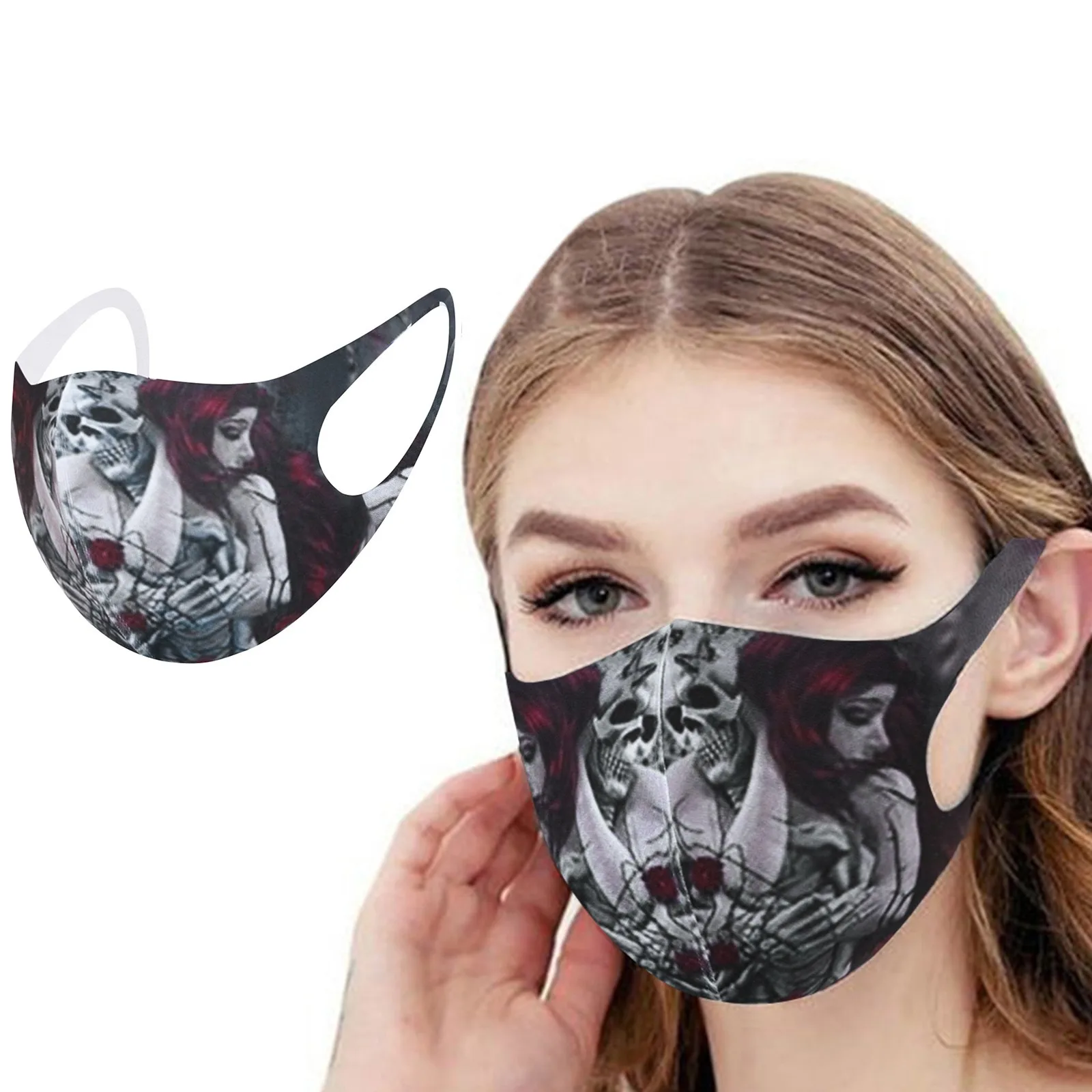 

5PCS Halloween Skull Print Washable Breathable Cotton Mask Adult Fashion Facial Protector Reusable Face Masks Mouth Cover