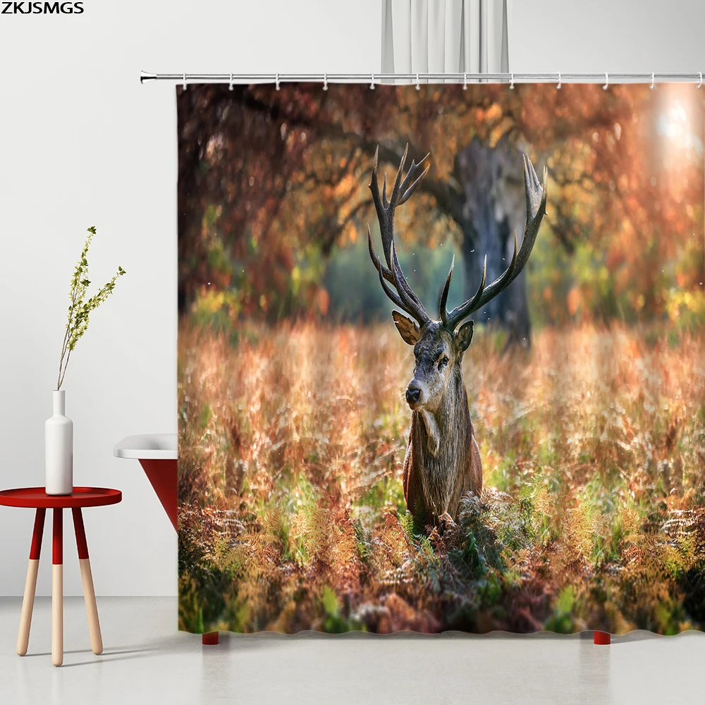

Шторы для ванной и душа с крючками, Осенние занавески с принтом оленя, увядших желтых листьев, леса, дерева, моющиеся, домашний декор