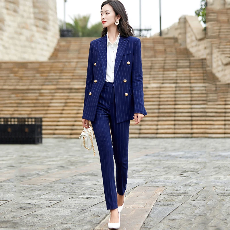 Женский комплект из 2 предметов Lenshin двубортный брючный костюм темно-синего и