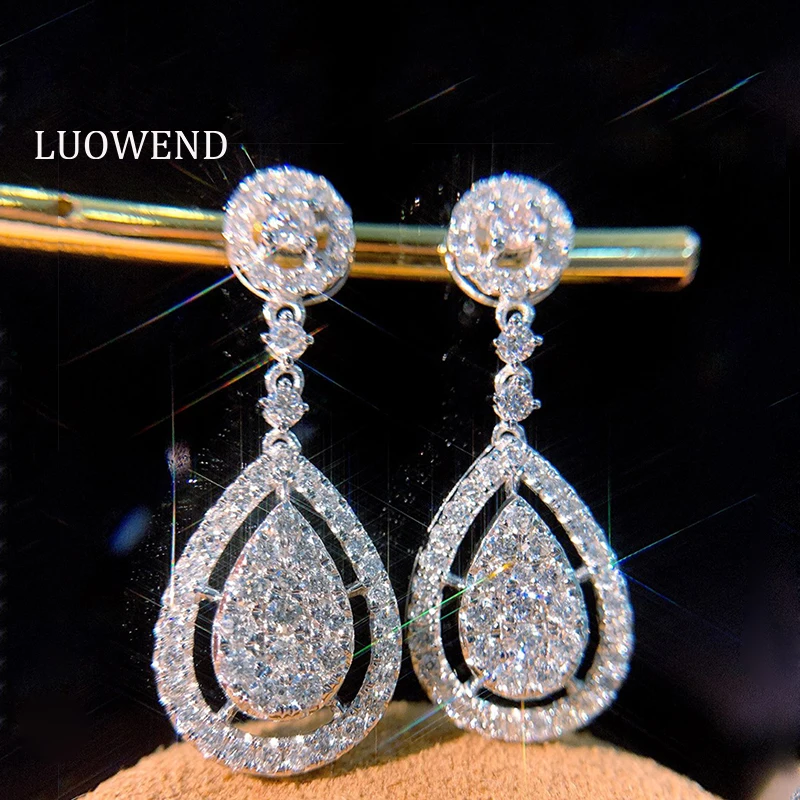 

LUOWEND Real 18K Solid White Gold Drop Earrings Female Diamond Earring Engagement Party Jewelry Design