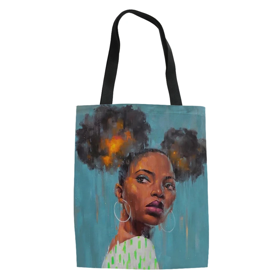 HaoYun Fashion Women Linen Bags African Girls Prints Patterner Canvas Handbags Cartoon Afro Arts Design Shopping | Багаж и сумки