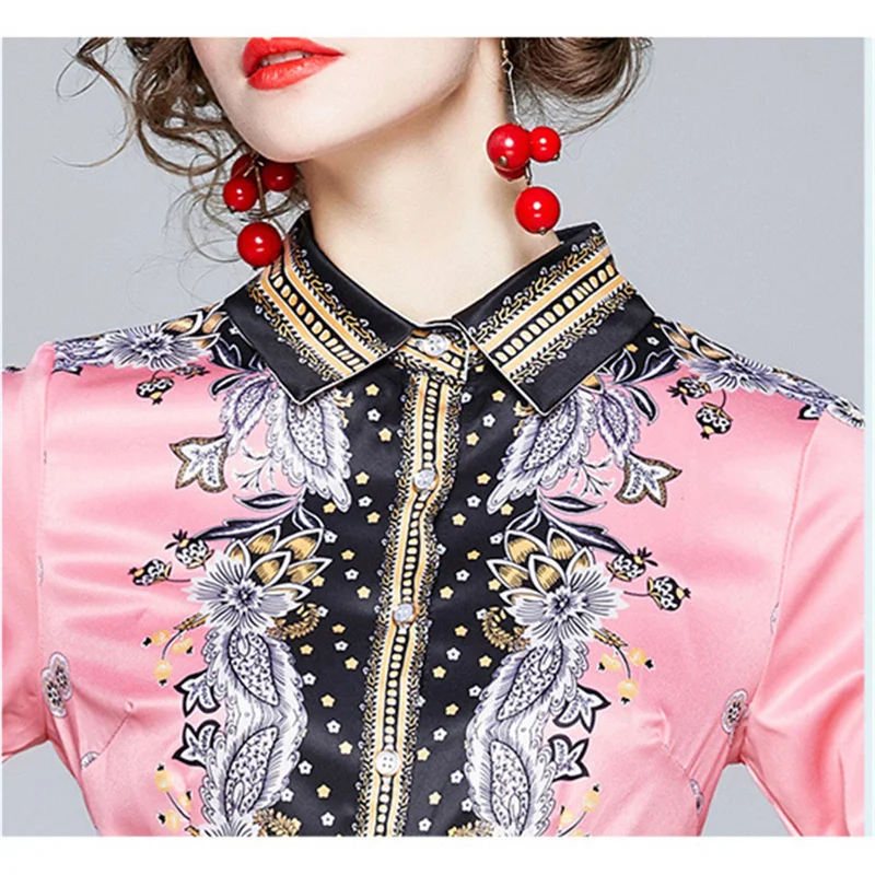 

2021 Spring Autumn Runway Dresses Women Long Sleeve Pink Flower Print A Line Casual Shirt Dress Vestido de mujer