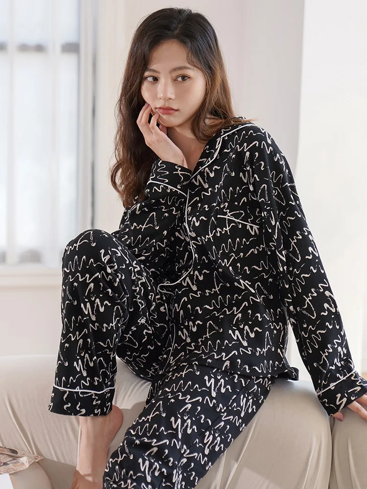 Winter 100% Cotton Pajamas For Women Printed Black Sleepwear For Ladies Home Clothes 2pcs PJ  Pure Cotton Pijamas Pyjamas Women