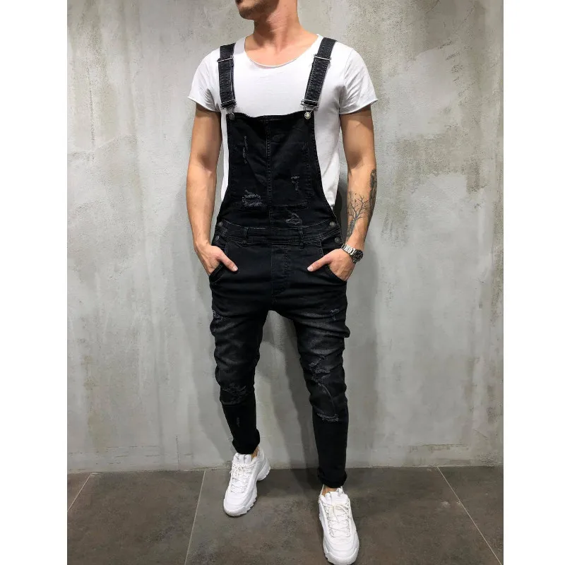 Стильный мужской комбинезон рваные штаны байкерские черные брюки 2019