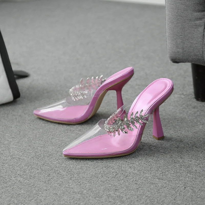 

Hot Sale Womens Pointed Toe Clear Transparent Rhinestones High Heel Slipper Shoes Slides Mesh Sexy Candy Colors Plus Size New 20