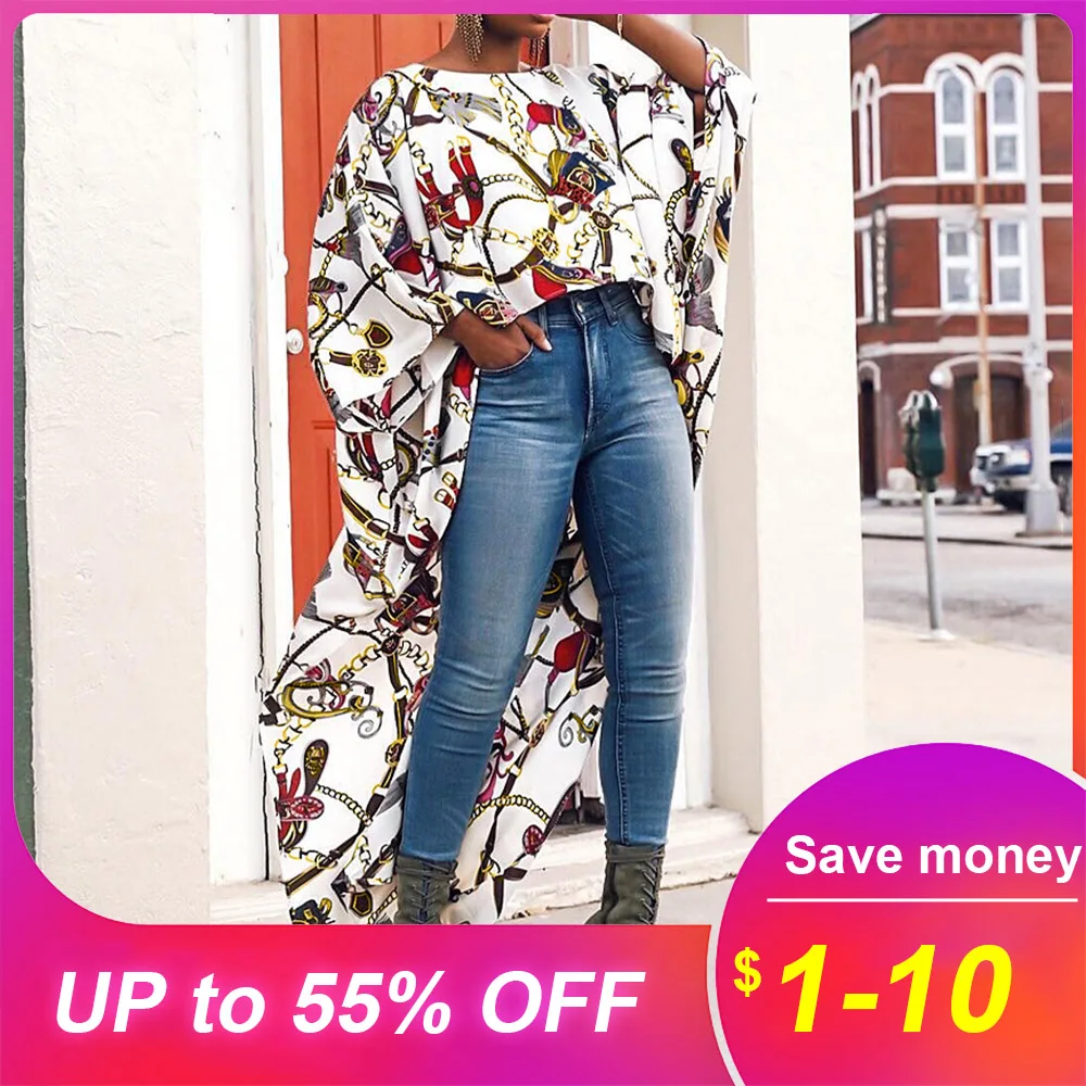 Осенняя Женская длинная рубашка из полиэстера с принтом и круглым вырезом