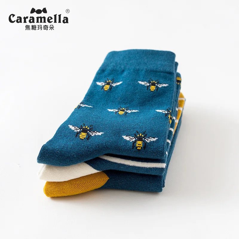 Caramella Men's Crew Socks Cotton Made Animal Jacquard Embroidery Socks Cotton 3 Pairs/Lot
