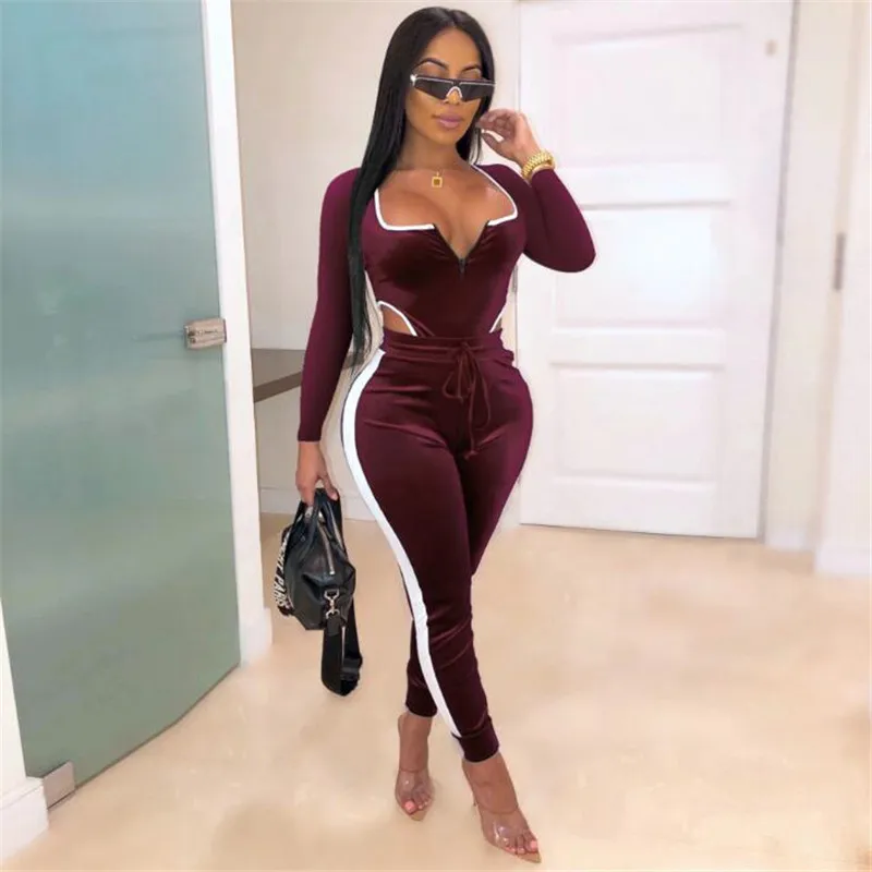 

2021 New Style Women Hollow Color Block Jumpsuit Long Sleeve V Neck Romper Backless Sports Clothes Skinny Oversize Jumpsuit 2XL