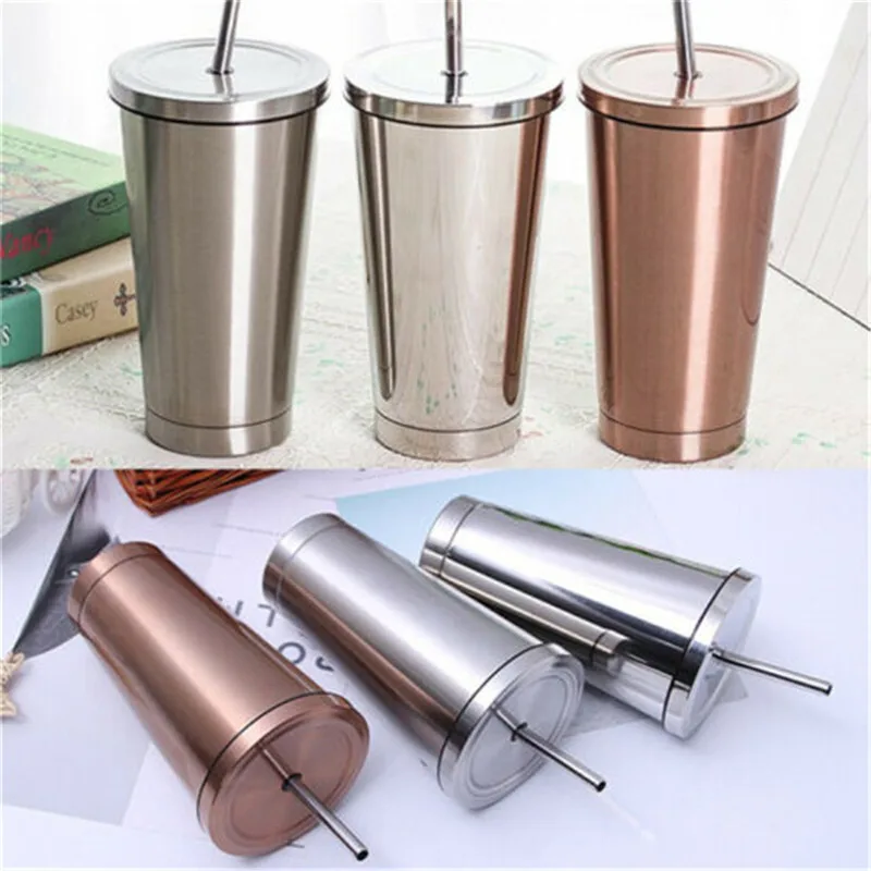 

500ML Stainless Steel Travel Mug Tumbler Coffee Cup with Lid & Drinking Straw Both cold and warm
