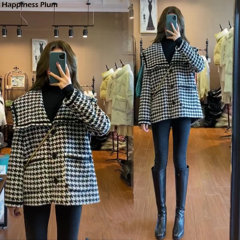 

2020 autumn and winter new Korean style small fragrance jacket women's wild loose houndstooth ladies short top trend