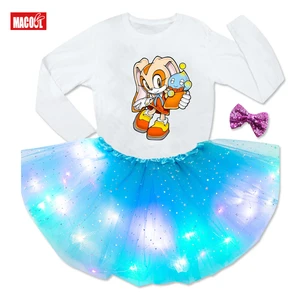 Kids Girls Sequin skirt suit Dress Birthday Party for Girl Summer Baby Long Sleeve T-Shirt+LED Dress Children Clothes Cartoon