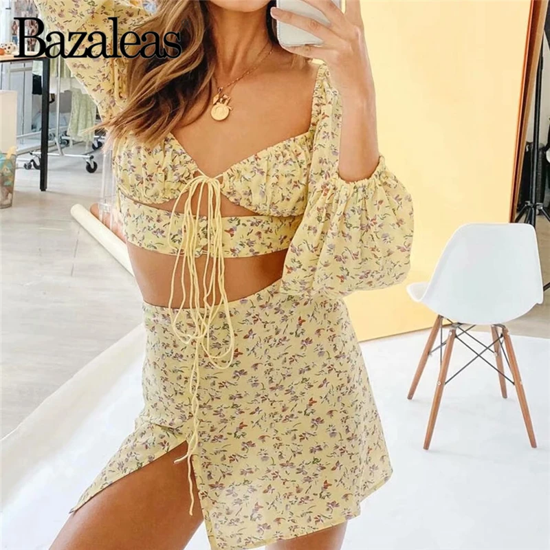Шикарный Желтый укороченный топ Bazaleas с цветочным принтом ажурные бандажные топы