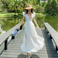 long deep v neck white women summer dress elegant maxi backless vintage party vacation beach dress korean runway 2022 sundress