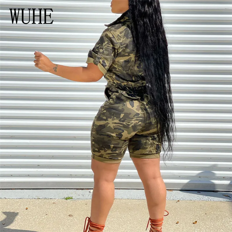

WUHE Camouflage Print Slim Playsuits Zipper Up Turn Down Collar Short Sleeve Hollow Out Pockets Lace Up Streetwear Overalls