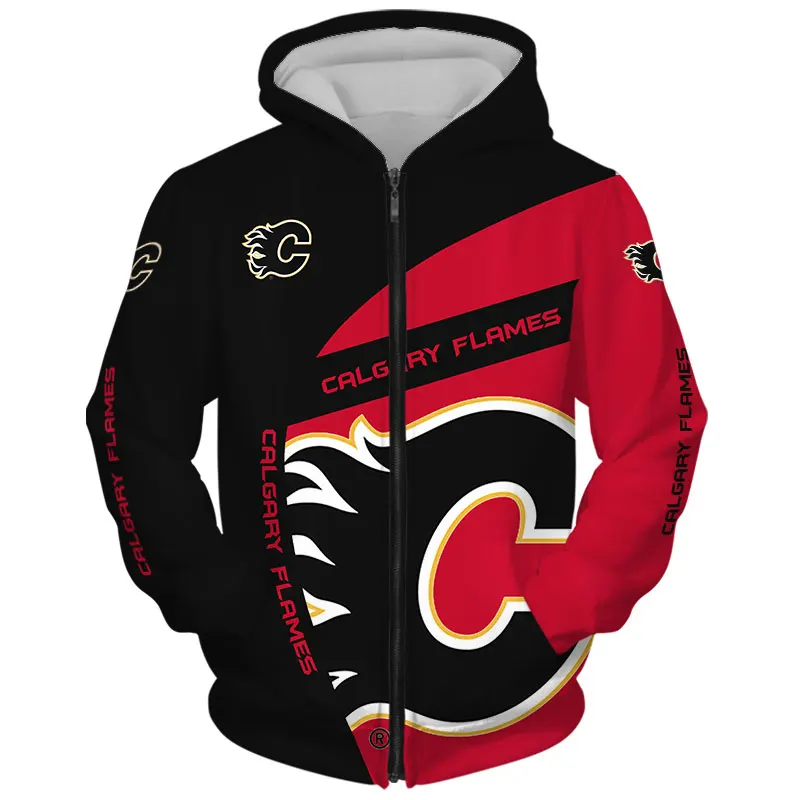 

Calgary men's Fashion Long Sleeve 3D Flames Zip Hoodies Stitching Design Flame Letter C Printing Sweatshirt