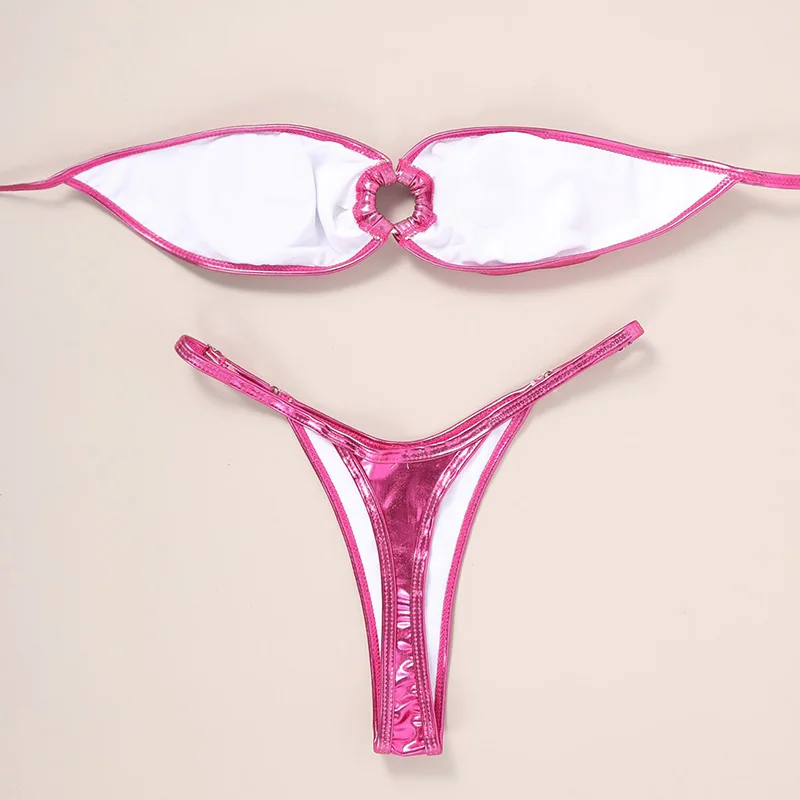 

Rivertrip Bandeau Bikinis Women's Swimsuits Micro Thong Swimwear Sexy Ring Biquini Solid Shiny Bikini Set High Cut Bathing Suits