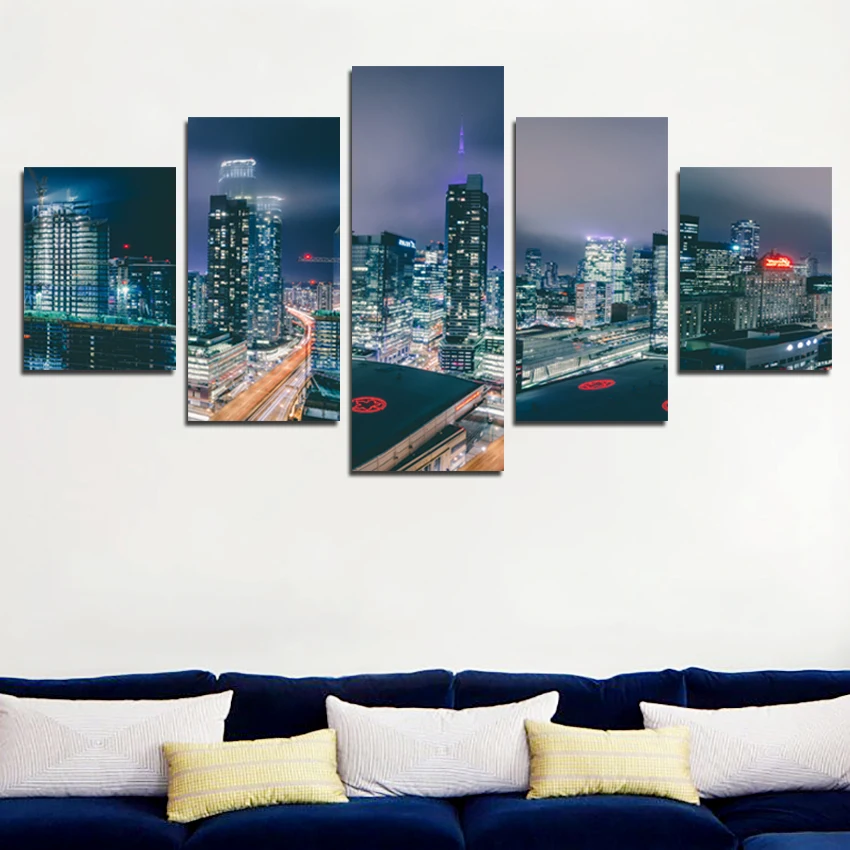 

Modern City Night View Panorama 5 Pieces Canvas Painting Home Decoration Painting for Living Room Hotel Corridor Hall Decoration