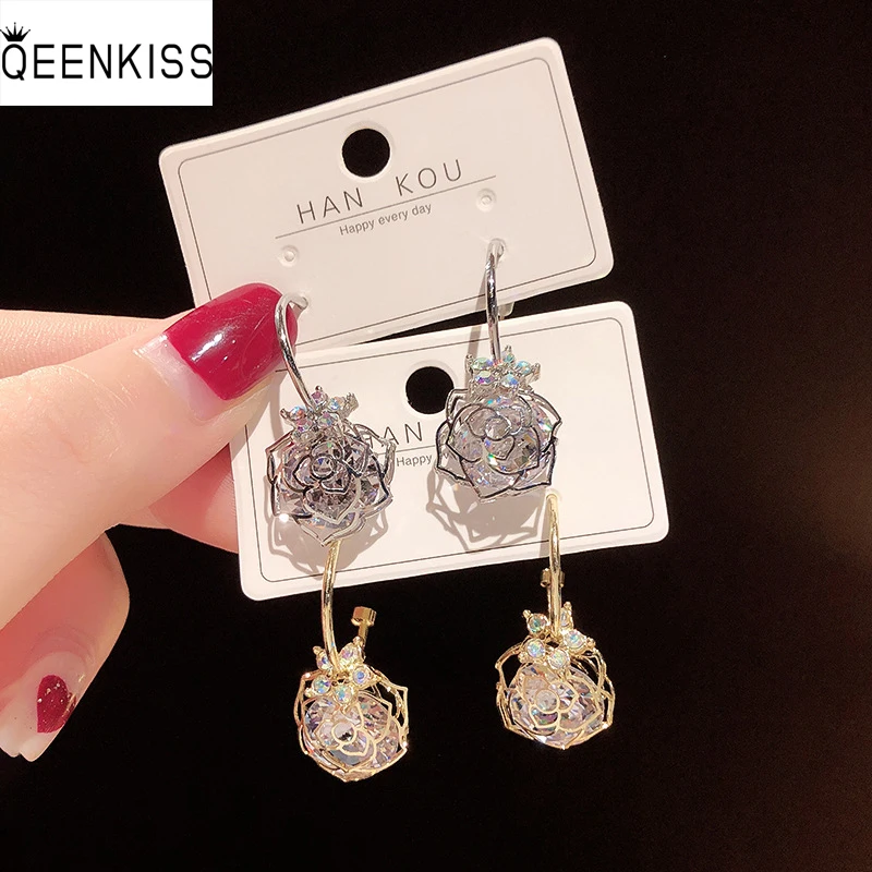 

QEENKISS EG7439 Fine Jewelry Wholesale Woman Birthday Wedding Gift Hollow Flower Zircon 925 Sterling Silver Needle Drop Earrings