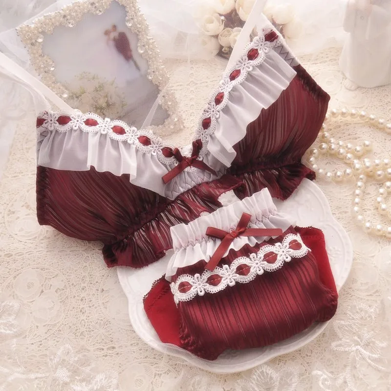 6 color Lolita Women's Cute Bow Print Bra & Panties Lingerie Set Girl Bras Briefs Underwear Set Women Bra and Panty Set