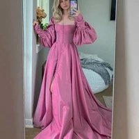 elegant long cap sleeves pink evening dress 2021 high split boat neck a line backless chapel train formal party gowns hot sale