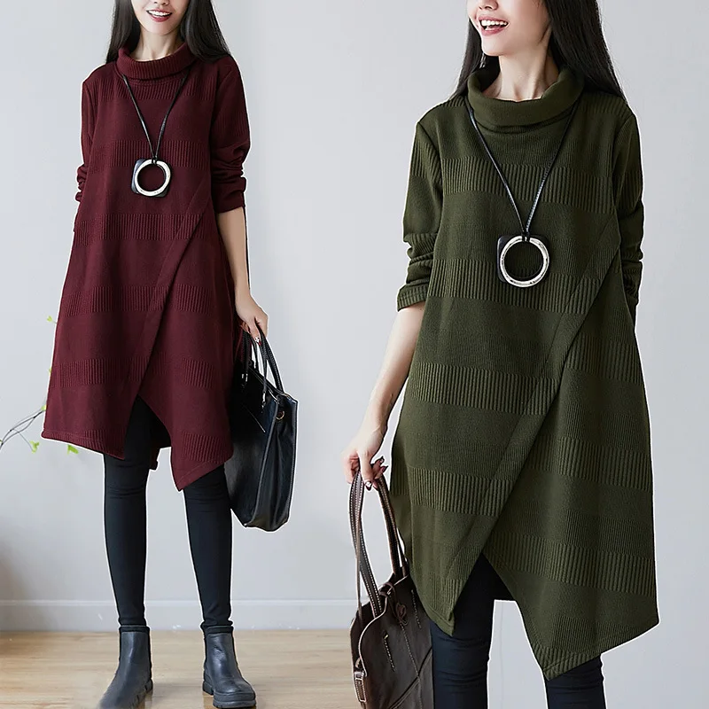 

Dark Green Dress Winter Autumn Europe Women Pullovers Knitting Cotton Thicken Plus Size Turtleneck Lady Female Loose Bat Sleeve