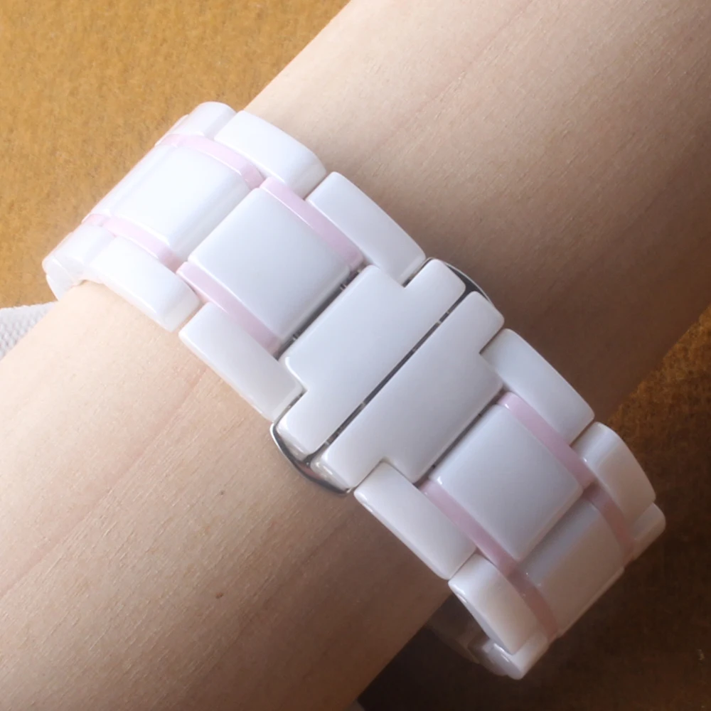 

Ceramic Watchbands Strap Polished Watch accessories Black white with Pink 14mm 15mm 16mm 17mm 18mm 19mm 20mm For Lady Wristwatch