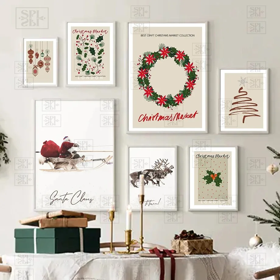 

Cartoon Canvas Painting Christmas Market Basel Santa Claus Sleigh Wall Art Pictures Nursery Decor Print Posters for Kis Room